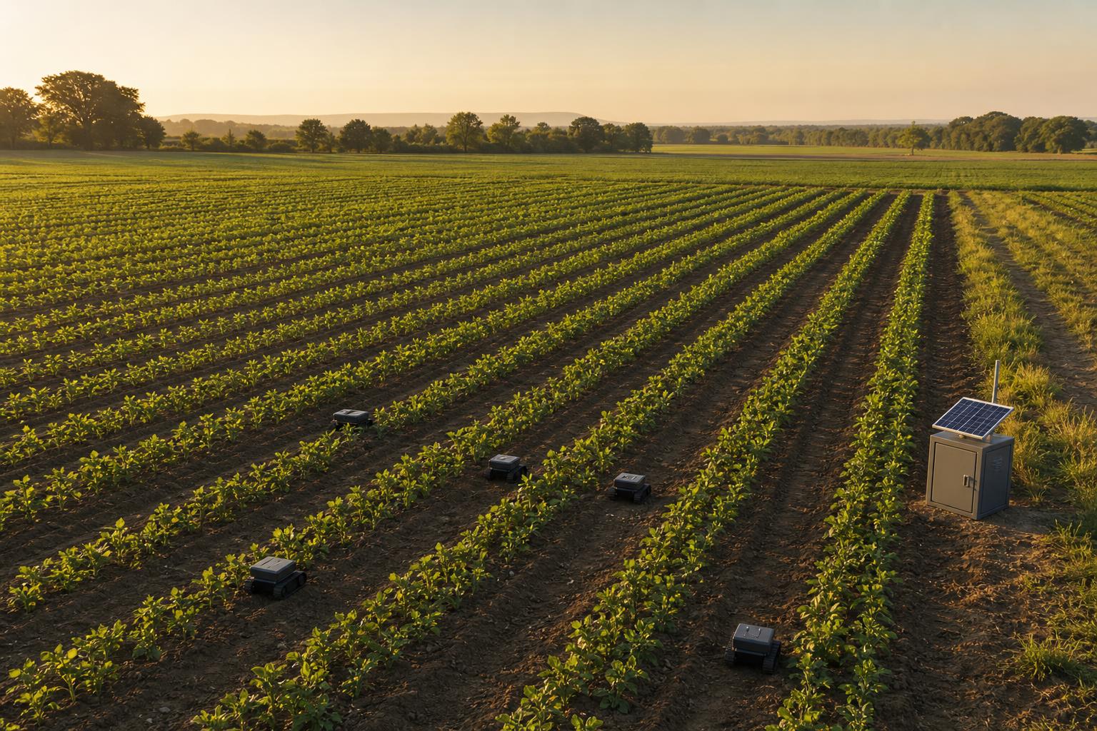 Pépinière de pleine terre avec mini-chenilles autonomes entre les rangs